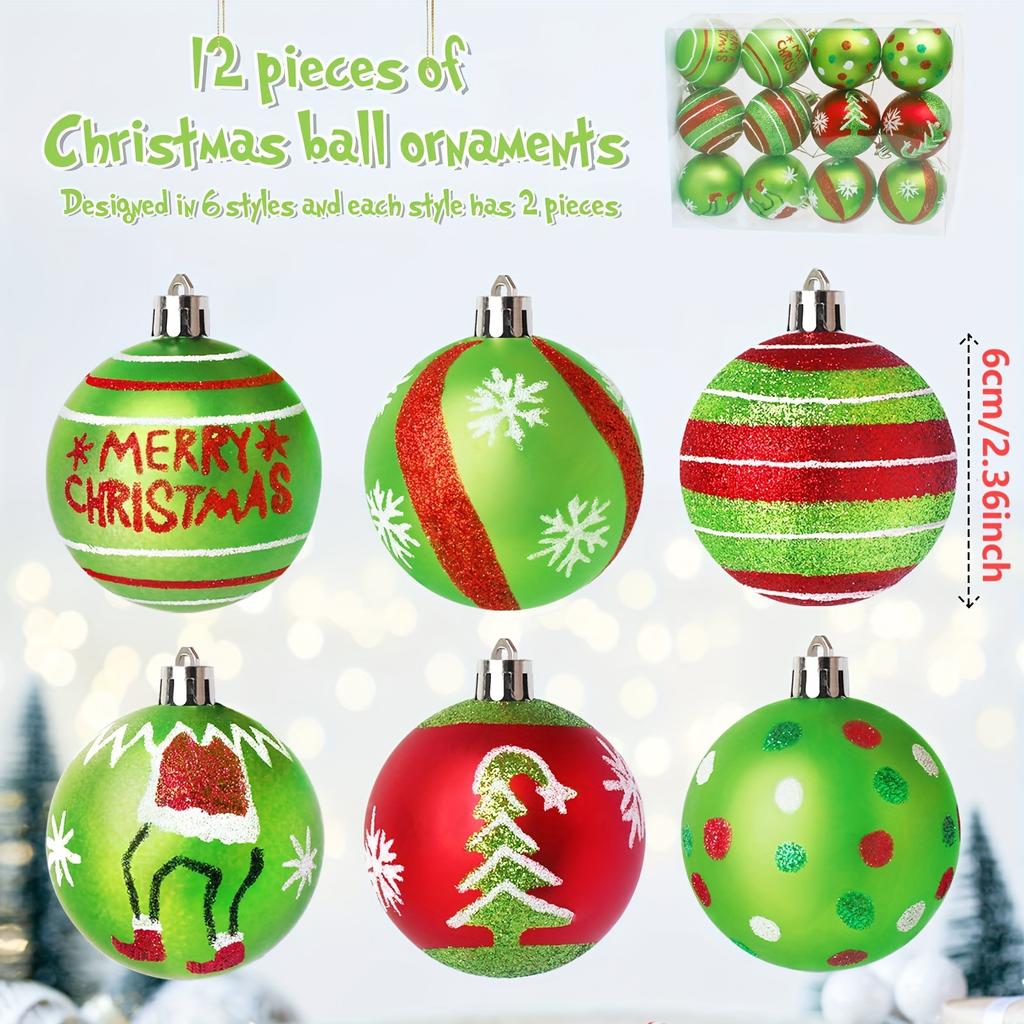 12Pack Festive Christmas Tree Ornaments, 5.99cm Glittering Red,Green Hanging Balls,Contemporary Style Plastic Holiday Decorations for Xmas,No Feather