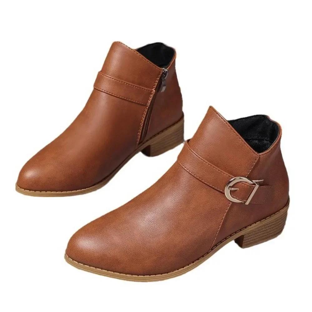 Large Retro 2026 New Pointed Belt Buckle Square Heel Side Zipper Chelsea Boots Women's Shoes