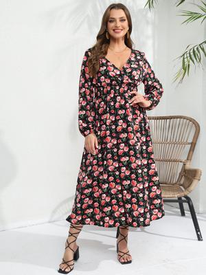New Spring and Autumn Long-Sleeved Office Dress Chic V-Neck High-Waisted Dress Women Print Dress Large Size Fashion Casual Wear