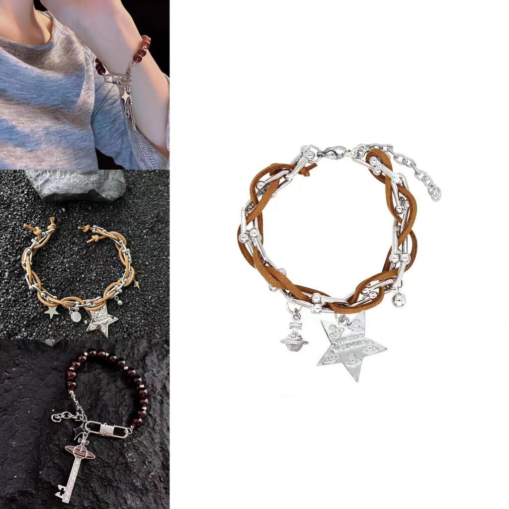 Fashionable Brown Leather Star Bracelet With Beads For Anniversary Gifts