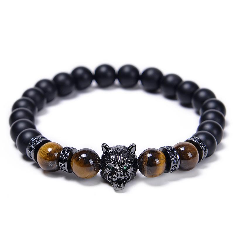 Wolf Charm Bracelets Men Natural Black Agates Onyx Stone Bracelet Brave Blue Tiger Eye Elastic 8 Mm Beads  Beaded Pulsera
