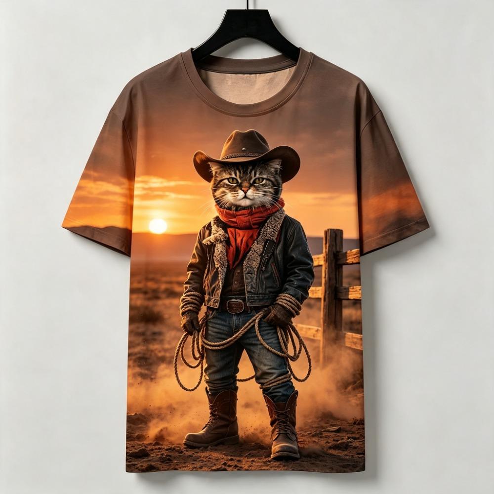 Funny 3D Western Cowboy Cat Print Men's T-shirt Fashion Cool Party Daily T Shirt Outdoor Casual Short Sleeve Top Summer Clothing