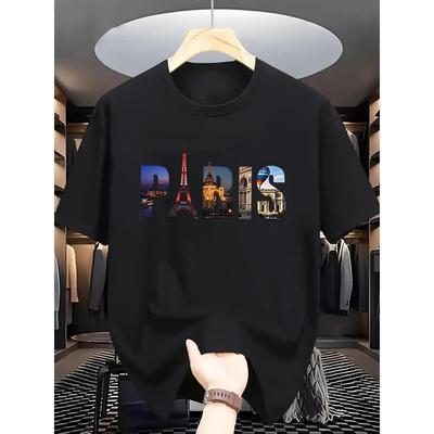 Europäische Größen Herren Sommer Freizeit Kurzarm T-Shirt mit Pariser Wahrzeichen Grafikdruck - Eiffelturm & Notre-Dame Design