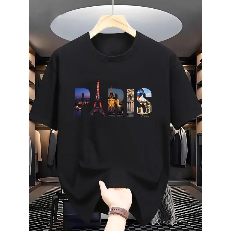 European Sizes Men's Summer Casual Short Sleeve T-Shirt with Parisian Landmarks Graphic Print - Eiffel Tower & Notre-Dame Design