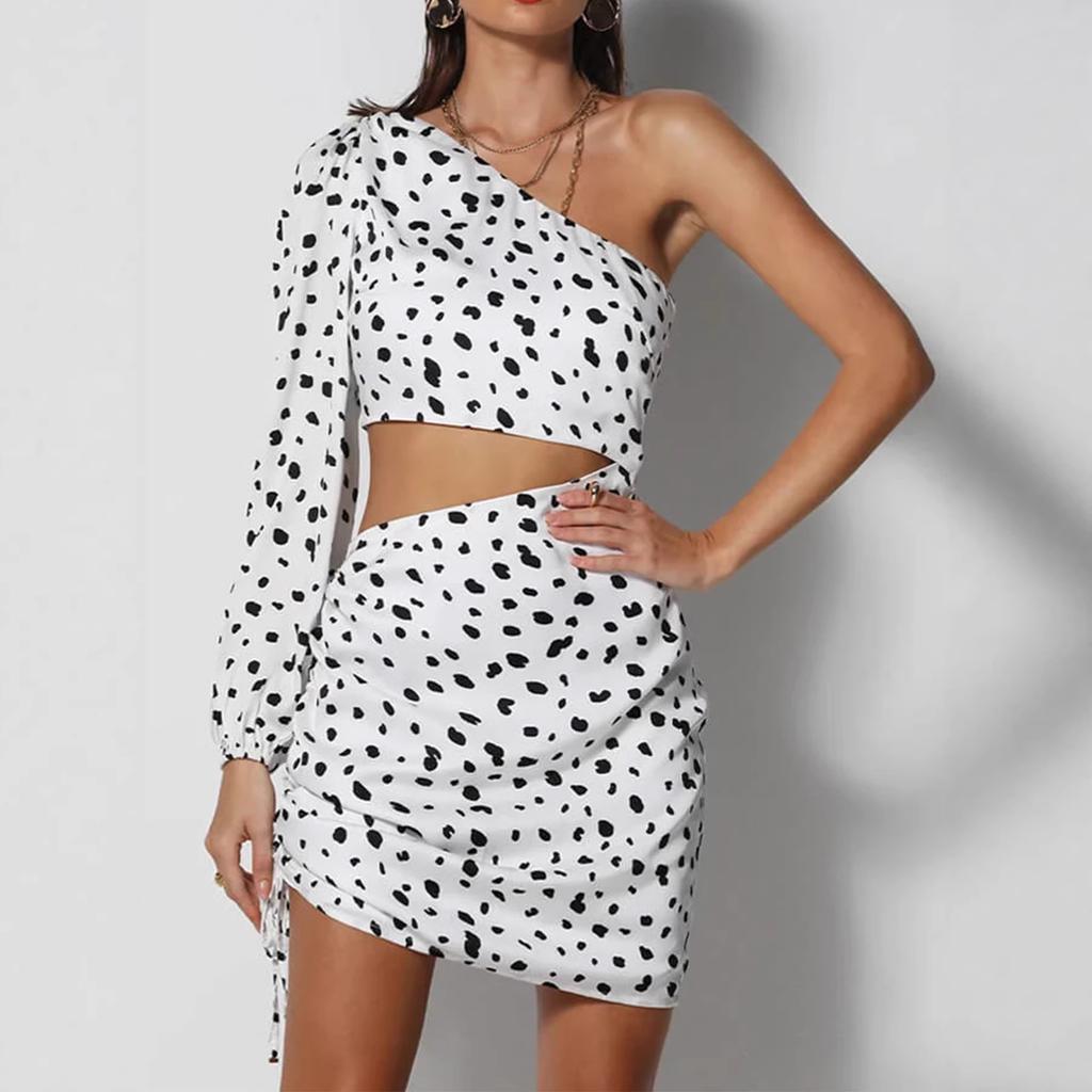 Hottie Sexy Slanted Shoulder Single Sleeve Leopard Print Waist Hollow Fashion Hip Dress