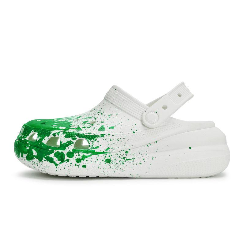 Crocs Crush Clog EVA Distressed Fluid Ink Splash Feeling Gift Box Hole Shoes Unisex White Dark Green
