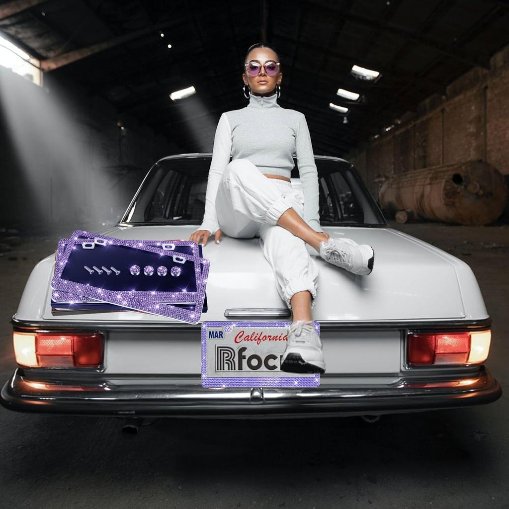 2 Pack License Plate Frames For Women, Sparkly Rhinestone Diamond Car Accessories With Glitter Crystal Caps (Purple (2PCS))