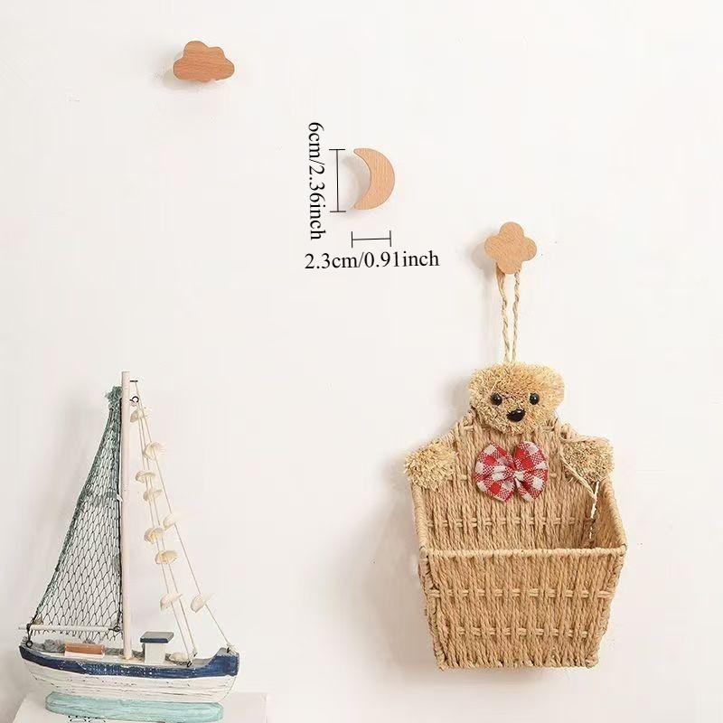 1PC Solid Wood Star Decorative Hook Moon Adhesive Hook No Punching Simple Wooden Wall Coat Hook Flower Cloud Interior