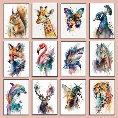 Vibrant Abstract Watercolor Animal Canvas Tiger Lion Fox Dog Peacock Wall Art Poster for Home Decor