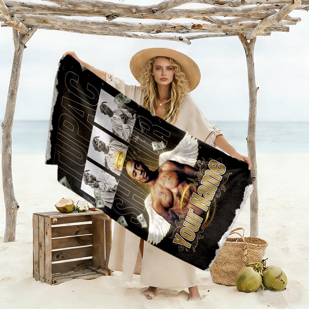 2pac Customize Text Beach Towel Soft Durable Quick-Dry Ideal for Travel Outdoor Swim Pool Yoga Surf Camping Hiking Gym Gift Holiday