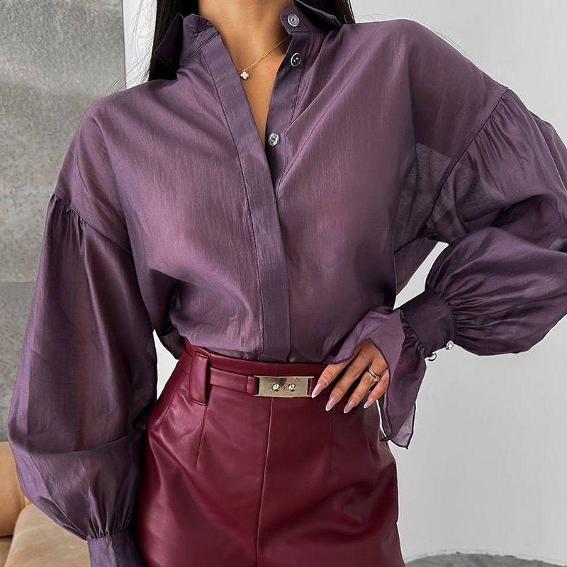 

European and American Fashion Casual Loose Lapel Flare Sleeve Shirts Top Loose Flared Sleeve Deep purple M