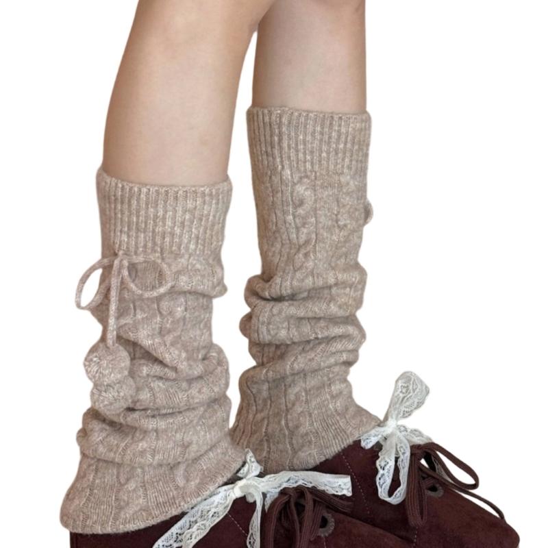 Fashionable Plush Balls Bows Adorned Leg Warmers for Women's Cable Knitted Stretchy Leg Covers Sleeves Calf Socks