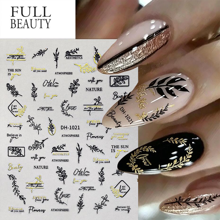 Nail Art Stickers Black Gold And Silver Line Letters Natural Plant Simple Style Adhesive Nail Stickers