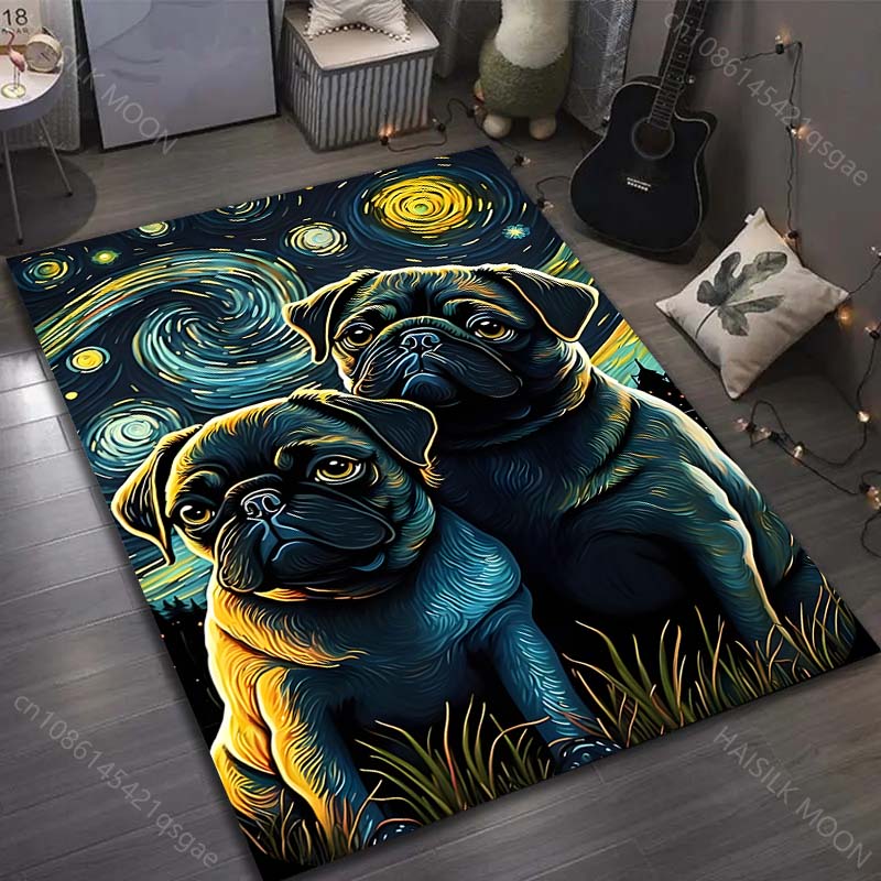 17 Stile Niedlicher Mops-Druck Teppich für Wohnzimmer Schlafzimmer Sofa Fußmatte Heimdekor Bereichsteppich Rutschfeste Bodenmatte Große Größe