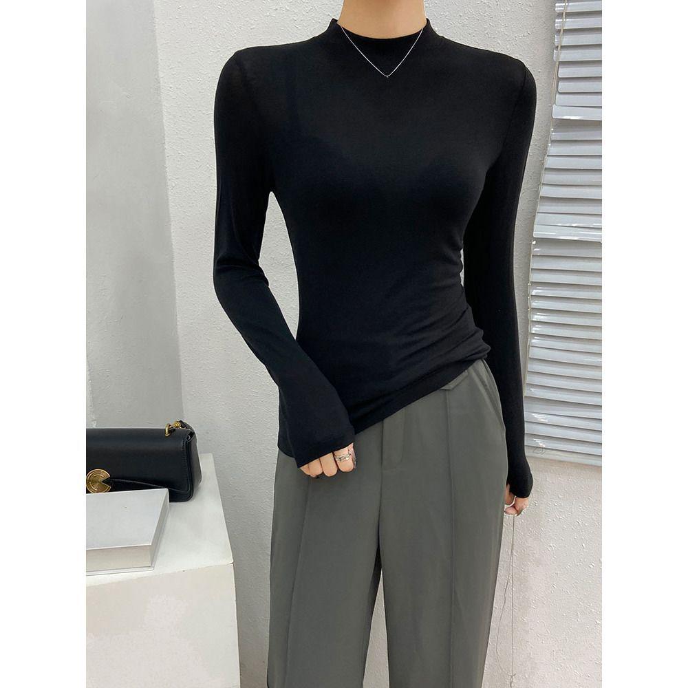 

Women s Korean Style Slim Fit Tencel Stand Collar Long Sleeve Top XL (57.5-65 kg) чорний