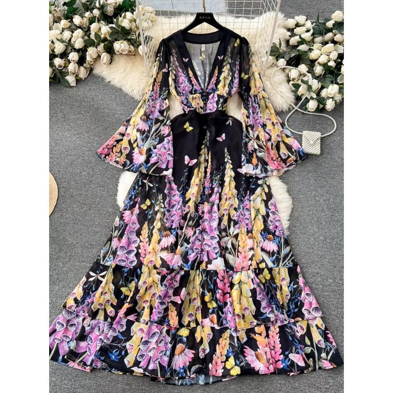 Spring and Autumn French Court Style Temperament French Mesh Dress Women's Swing A-line Printed Long Dress