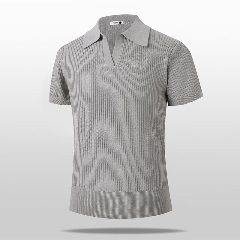 Men s Cream White Vertical Rib Knit Short Sleeve Polo Shirt M серый