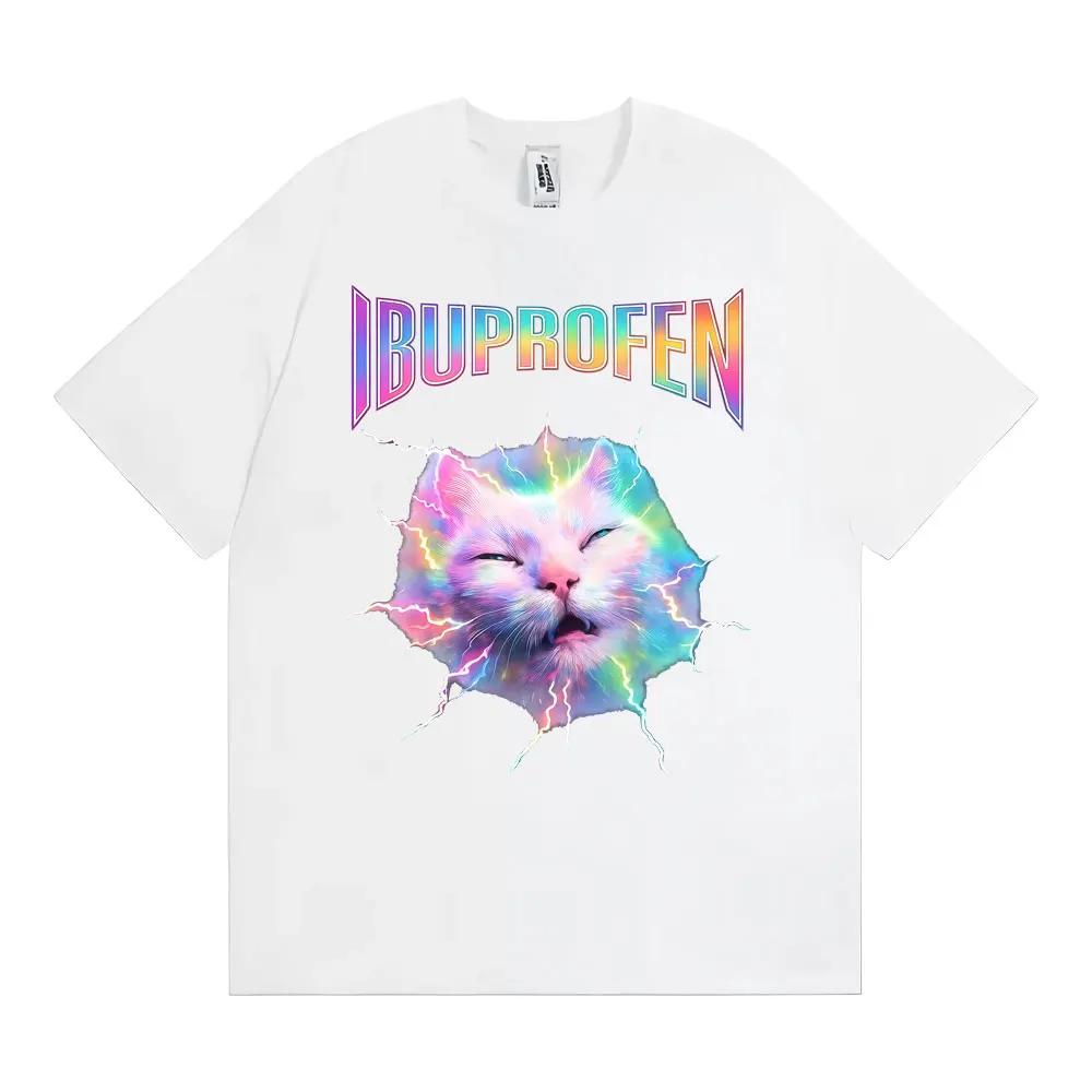 IBUPROFEN Funny Cat Meme Vintage Tee Shirt Unisex Women Hot Sale Harajuku Fashion Streetwear Tshirt Summer Loose Oversized T Shirt