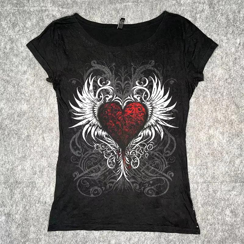Y2K Gothic Heart Wings Graphic T Shirt Women Emo Streetwear Top S