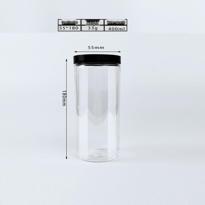Black Lid Wide Mouth PET Food Jar for Snacks, Nuts, Grains, and Honey.