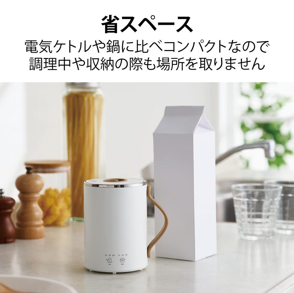ELECOM Cook Mug, 350mL Mug-Shaped Electric Kettle, with Temperature Control, Timer, Keeps Food Warm, and Features a 1.5m Cable, White (HAC-EP02WH)
