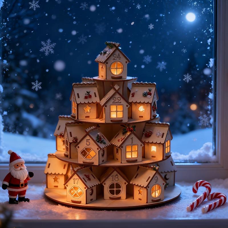 24pcs Wooden Christmas Countdown Calendar Ornaments 3D Vintage Layered House Decoration Stand Christmas Decorative Kids Gifts