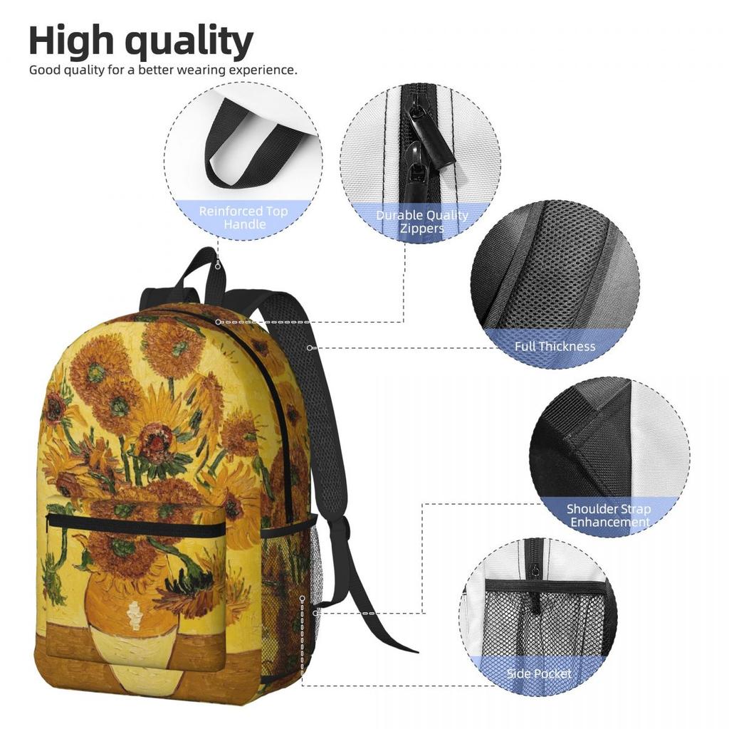 Vincent Van Gogh Sunflowers Sun Flowers Student Backpack School Bag Hiking Travel Daypack for Men Women Bookbag Shoulder Bags