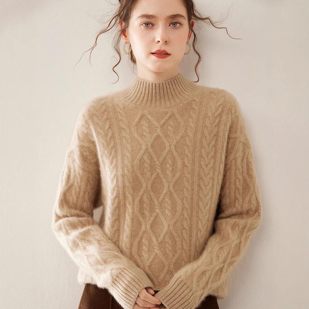 Versatile Women's Cashmere Cable Knit Sweater - Loose Slimming, Half-High Neck, Warm Base Layer