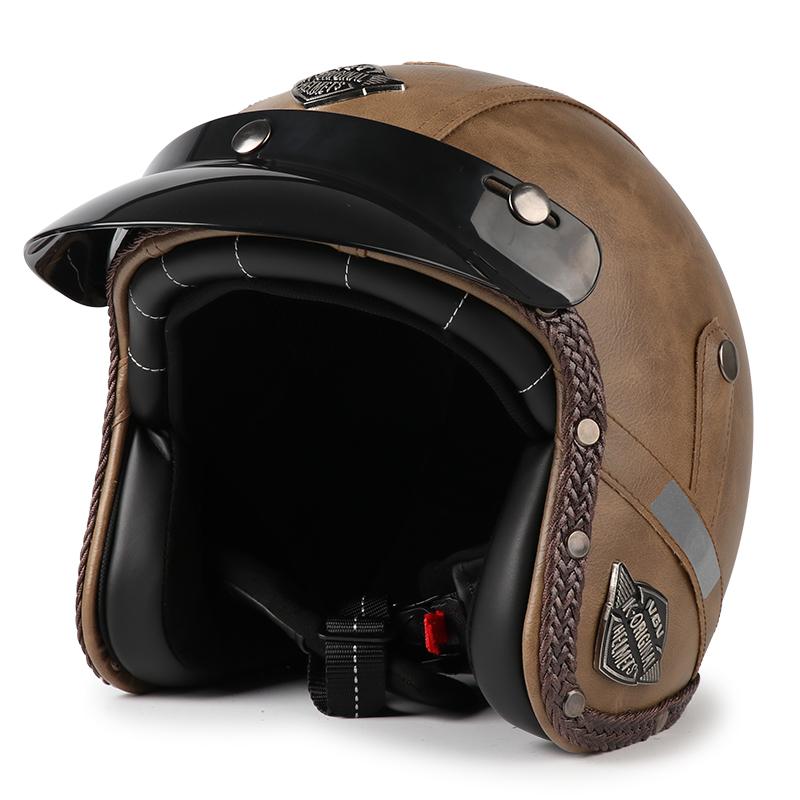 Retro Motorcycle Helmet PU Leather Open Face 3/4 Chopper Bicycle Helmets Classic Casco Moto Vintage K7