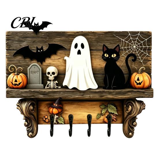 Ghost Shaped Wall Hooks Halloween Key Holder, Wooden Lady Holder with 4 Hooks, Hanging Ornament Mounted Spooky Rack Organizer for Entryway Hallway