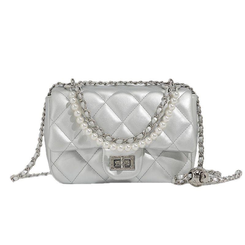 Summer Classic Rhombus Embroidery Thread Small Square Bag Fashion Pearl Chain One Shoulder Crossbody Women'S Bag