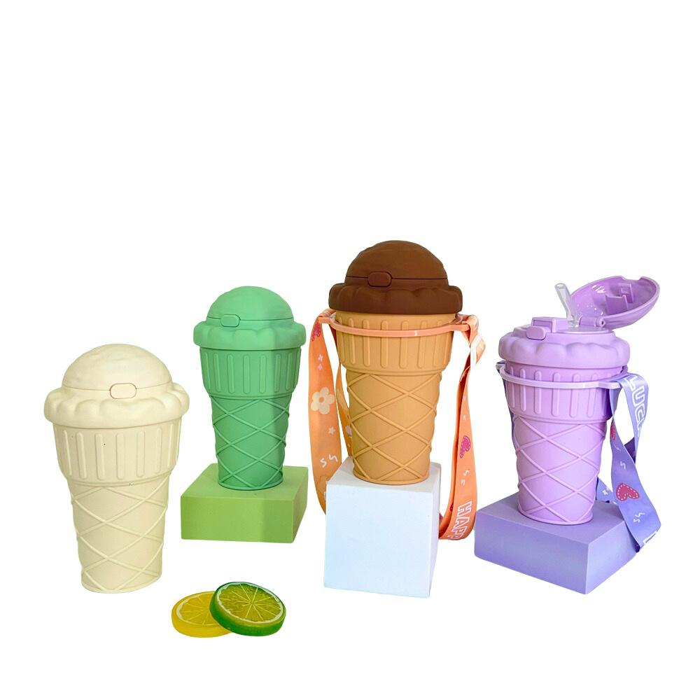 Ice cream cone, straw, plastic cup, children's and students' outdoor portable cup, large capacity cute pop-up water cup