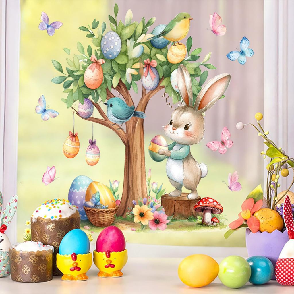 2 Sheets Easter Bunny Window Clings Cartoon Egg Stickers Cute Decoration For Home Classroom Nursery Shop Glass Display Decorations