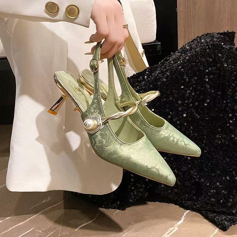 New Chinese style women's cheongsam high heels 2025 summer new stiletto sandals tide word with bag head pointed