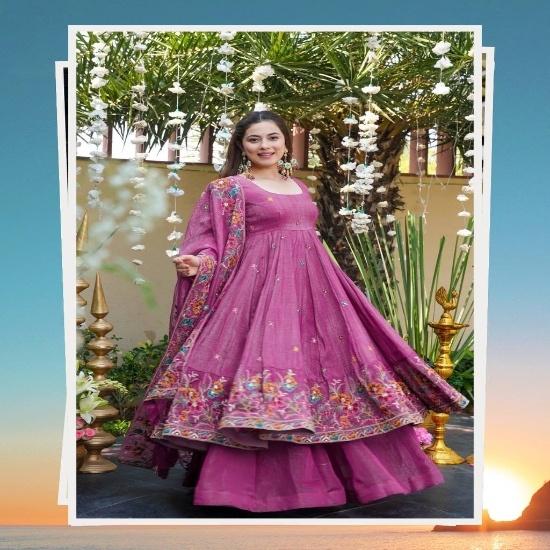 Women's Floral Embroidered Anarkali Set with Sheer Dupatta