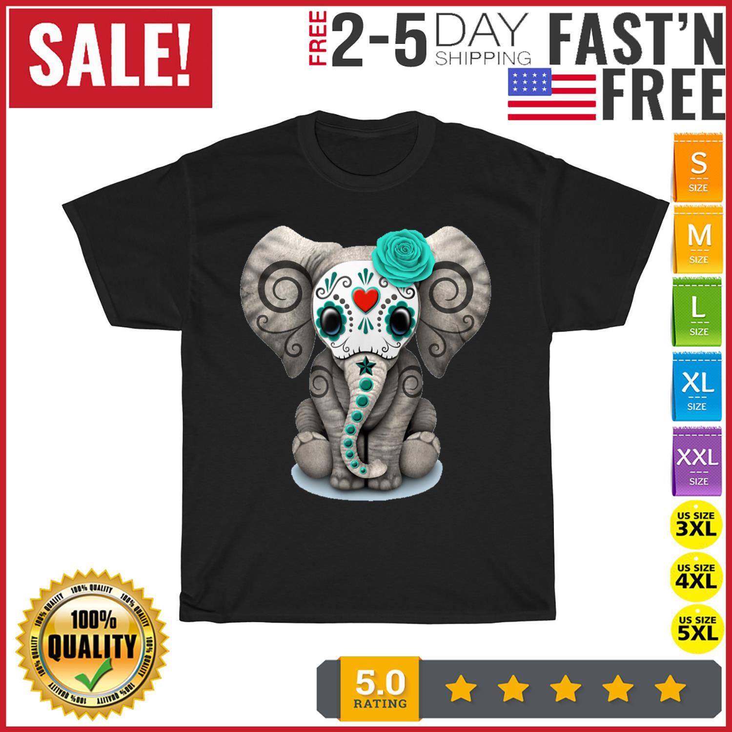 Sugar Skull Elephant Halloween Day Of The Dead Vintage T Shirt Mens Womens Tees Top Men Women Fashion 2XL