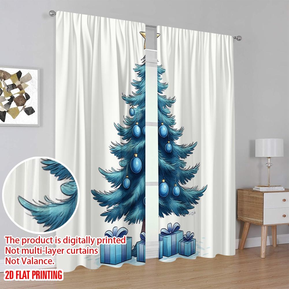 2pcs,2D Plane Printing Curtains Roller Blinds Blue Christmas Tree Gifts (3) Polyester Fabric (without Rod) Decorations Outdoor