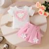 Ensemble 2 pièces Fille Toddler : Haut 3D Cœur et Short à Boutons