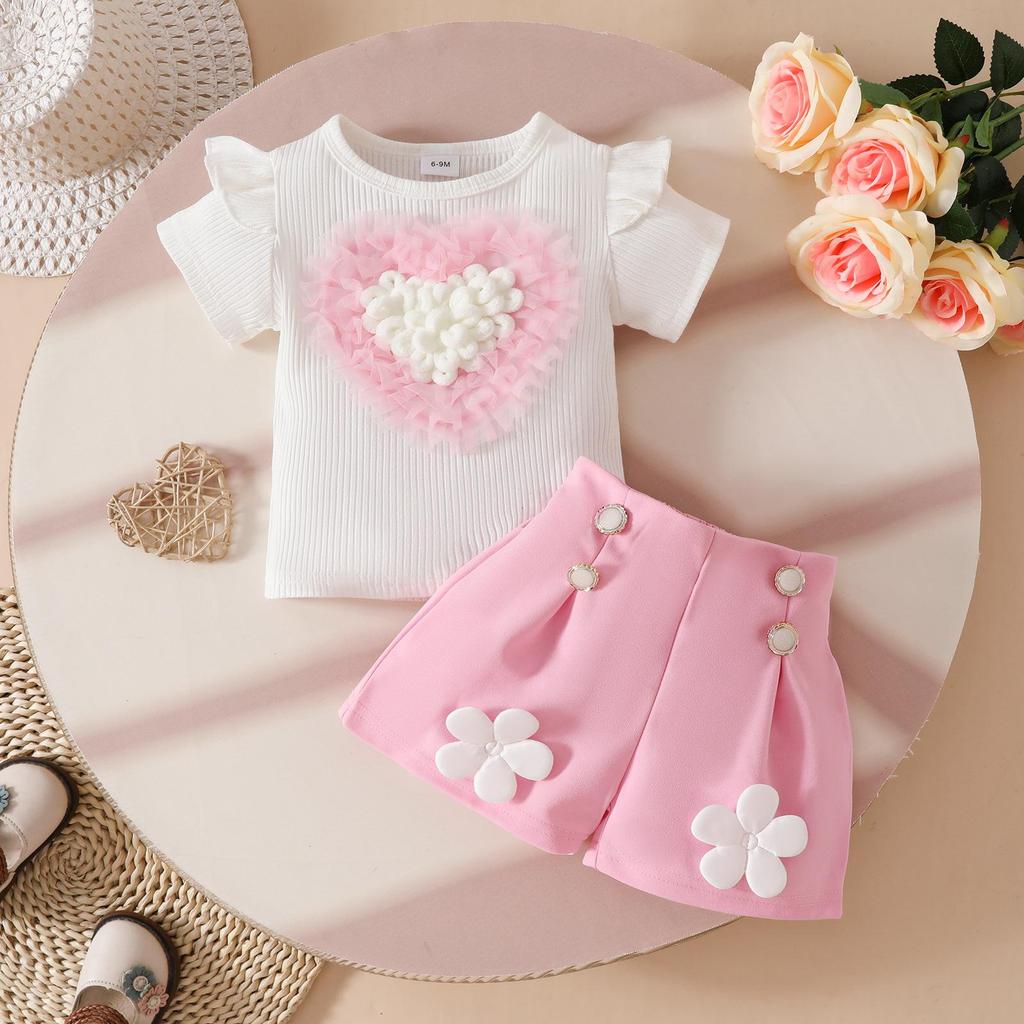 Ensemble 2 pièces Fille Toddler : Haut 3D Cœur et Short à Boutons