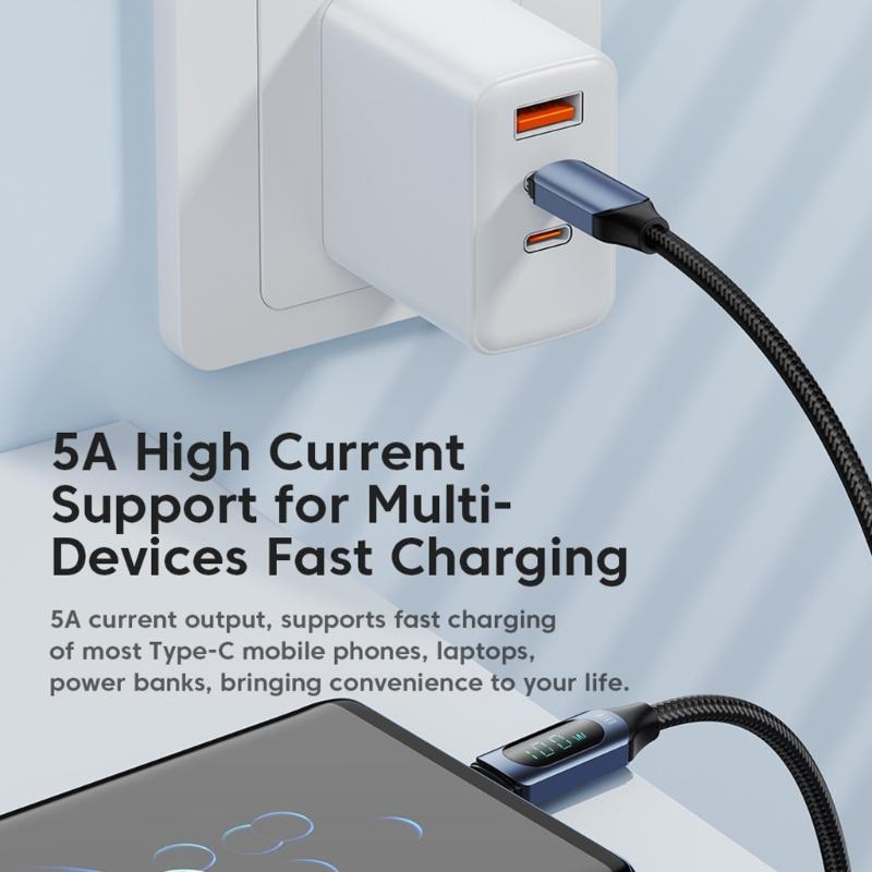 Braided USB C Fast Charging Cable with Power Display, PD100w Type C Cord for Laptop Tablet and Phone Charging