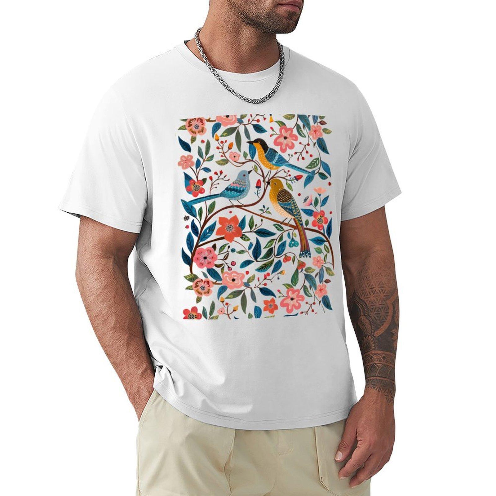 Cottagecore birds folk art bird flower TShirt korean fashion football t shirt men clothing S