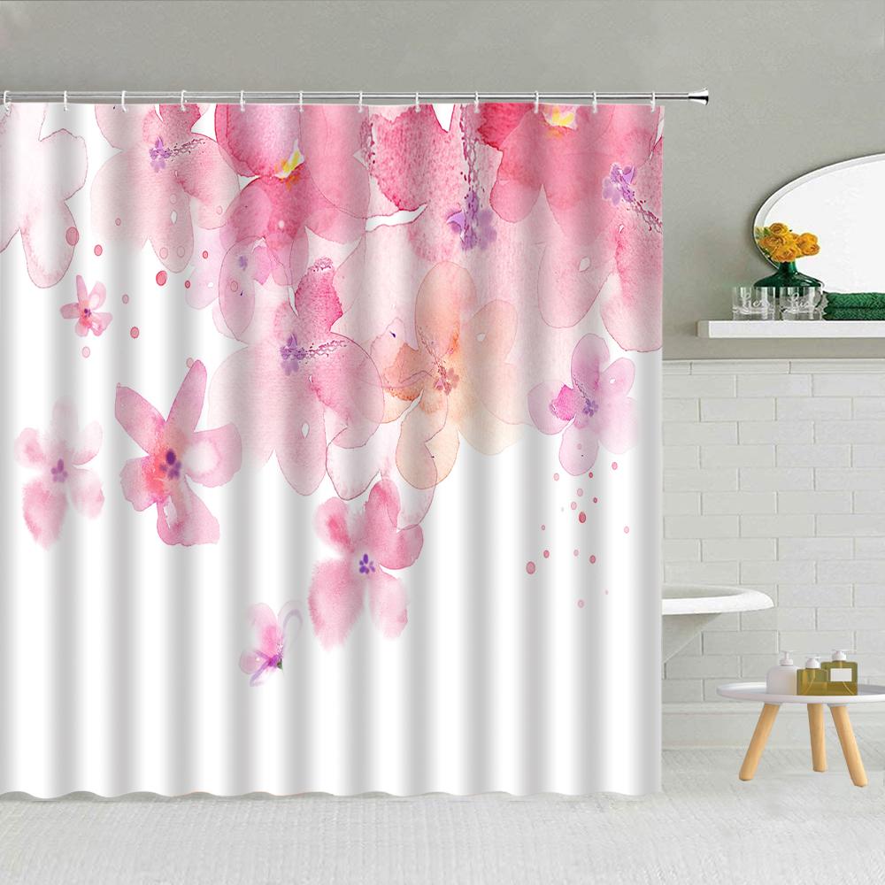 Floral Shower Curtain, Spring Nature Theme Cherry Blossom Bathroom Decor Polyester Fabric Waterproof Bath Curtain with Hooks