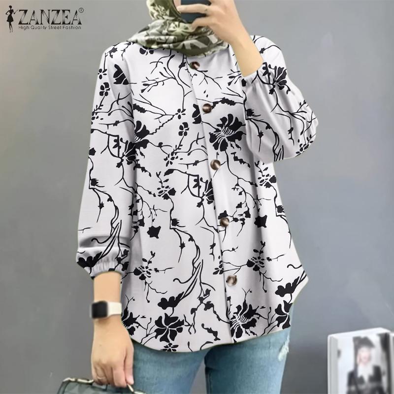 

ZANZEA Женская повседневная блузка с длинным рукавом и круглым вырезом с принтом