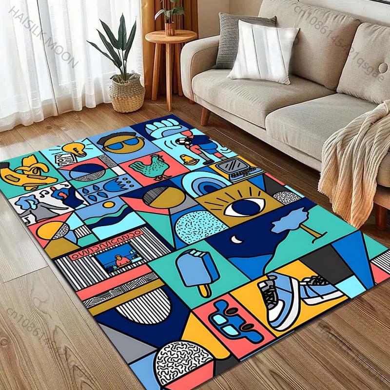 Grid Cartoon Picture Print Carpet for Living Room Bedroom Bedside Sofa Floor Mat Modern Home Decor Aisle Corridor Area Rug