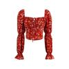 2025 Elegant French Floral Square Neck Puff Sleeve Lace-up Top for Women