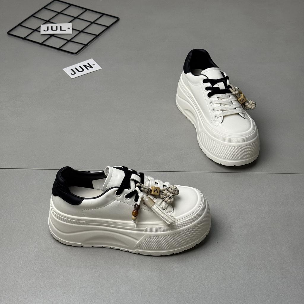 Leather Thick-soled Ugly Cute Big-headed Muffin Little White Shoes Women's 2025 Autumn New Height-increasing Versatile Lightweight Casual Board Shoes