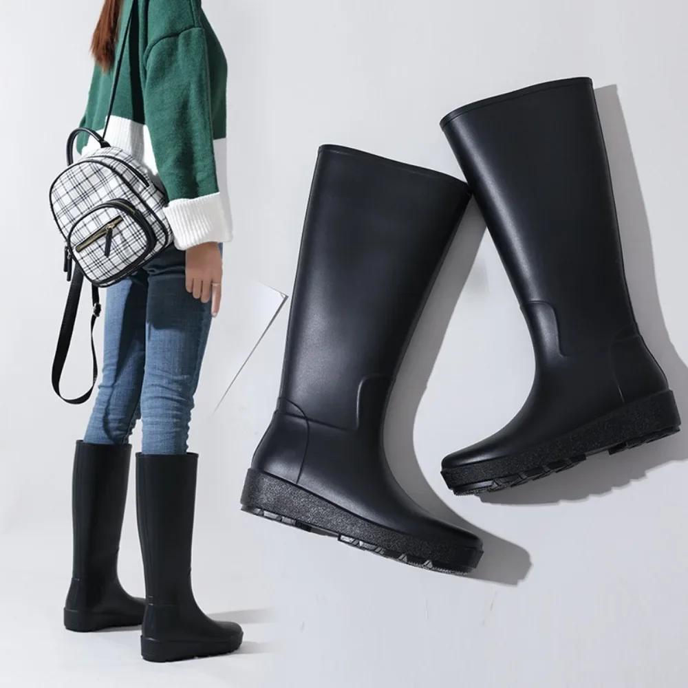 High Tube Women's Rain Shoes PVC Rain Boots with Sloping Heels Soft Horse Boots Long Tube Water Shoes Women's Rubber Shoes