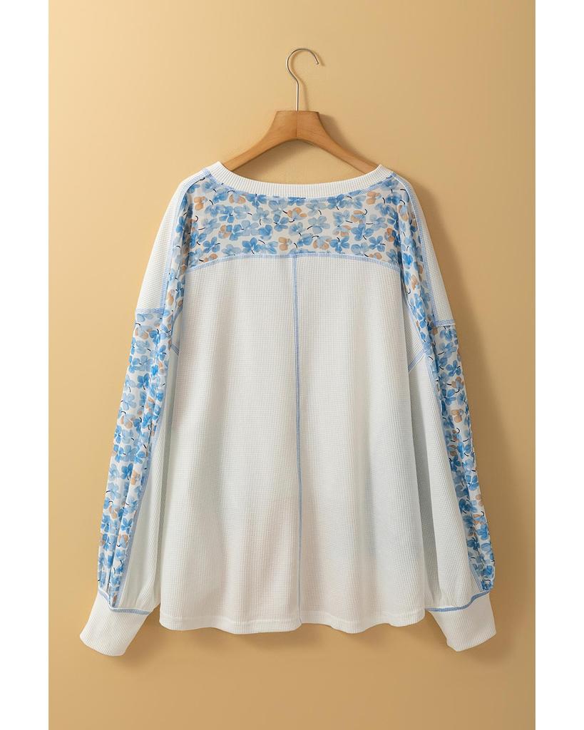 Azura Exchange White Abstract Floral Patchwork Batwing Sleeve V Neck Blouse