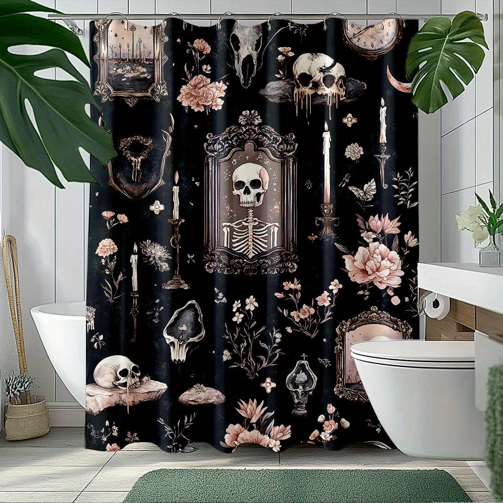 

Gothic Floral Shower Curtain - Dark Intricate Design, Skulls, Frames, Roses & Mushrooms On Black, Durable Polyester W60H190(CM)-1 Pcs