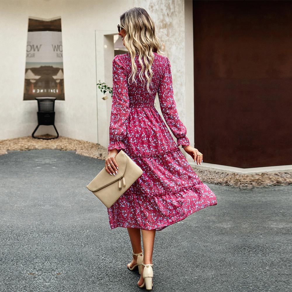 Dámské podzimní elegantní dlouhé potištěné šaty s lucernou s rukávem a vysokým pasem